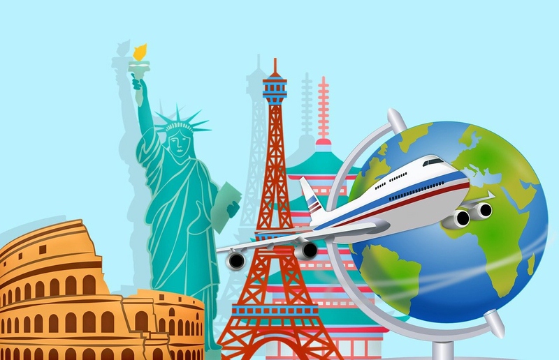 Symbolgrafik: Flugzeug, Globus, internationale Wahrzeichen